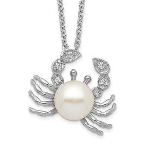 Million Charms Silver FWC Pearl and Brilliant-cut CZ Crab 18 Inch Necklace